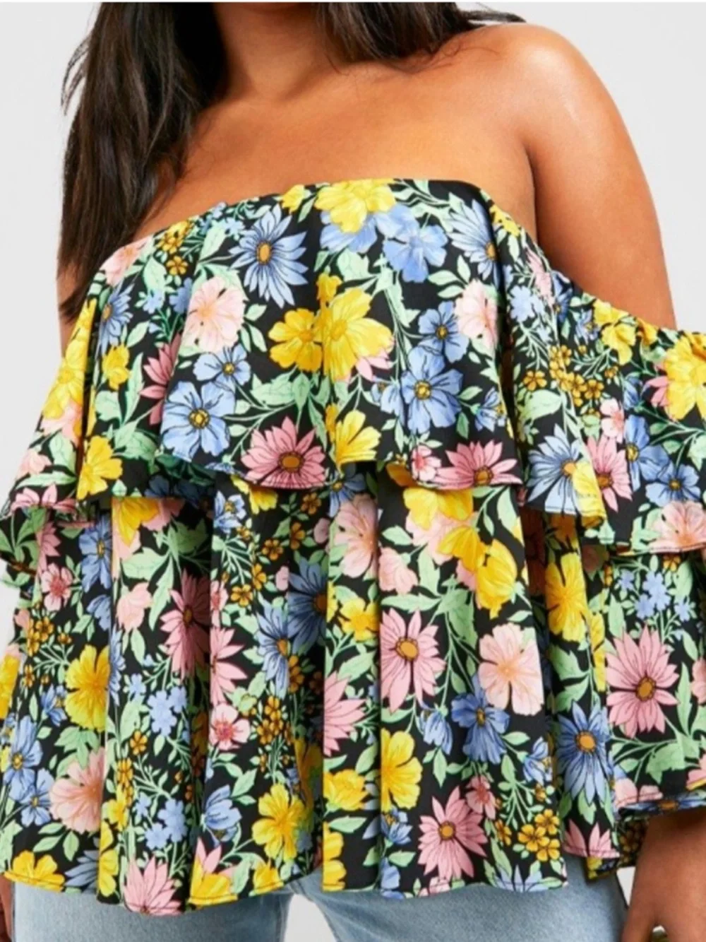 Boohoo Plus Woven Ruffle Floral Off-Shoulder Top - Picture 3 of 9